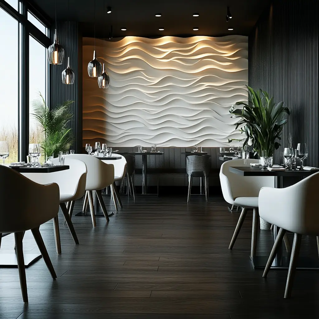 A contemporary restaurant interior with a black wood floor, white furniture, and warm lighting.